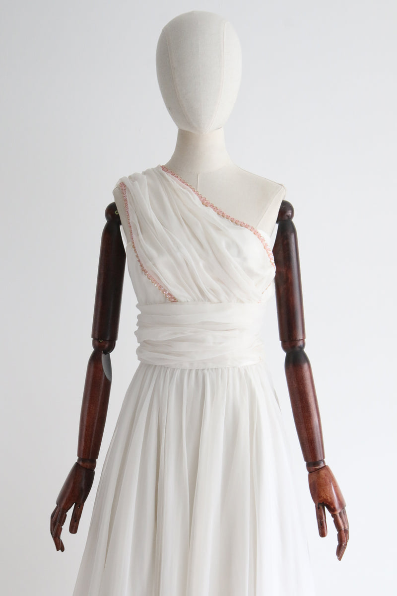 "Pink Sequins & Pleats" Vintage 1950's Ivory & Pink Pleated Dress  UK 4-6 US 0-2