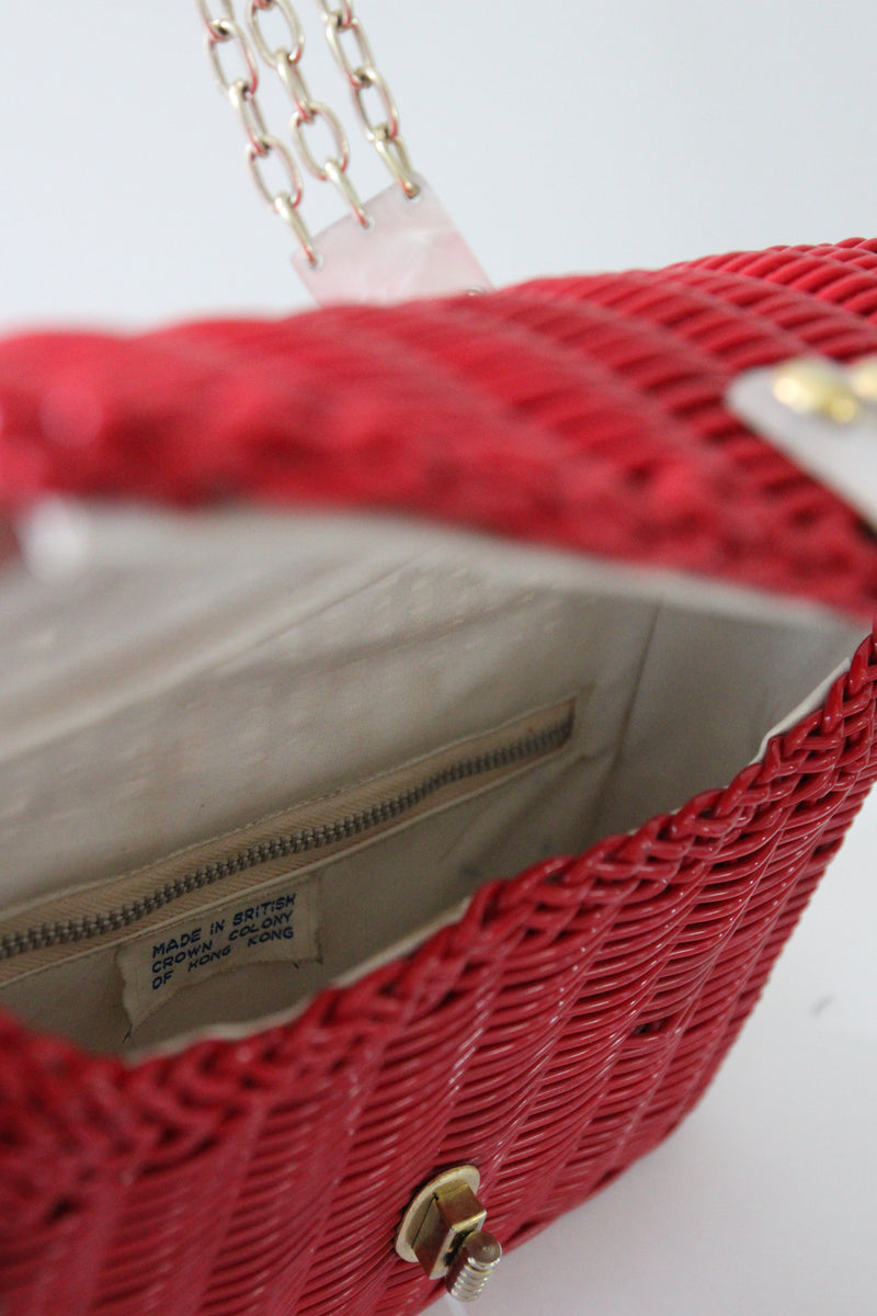 "Lucite & Basket" Vintage 1950's Red Basket & Lucite Chain Shoulder Bag