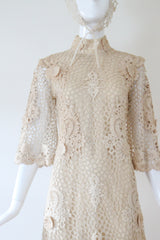 "Cream Floral Lace" Vintage 1960's Cream Floral Lace Dress & Matching Bandana UK 8-10 US 4-6