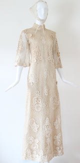 "Cream Floral Lace" Vintage 1960's Cream Floral Lace Dress & Matching Bandana UK 8-10 US 4-6