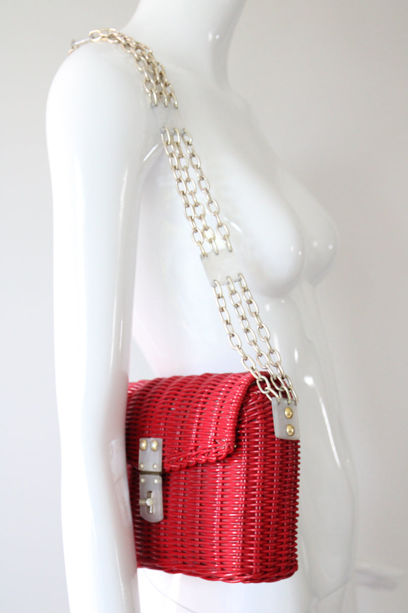 "Lucite & Basket" Vintage 1950's Red Basket & Lucite Chain Shoulder Bag