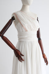"Pink Sequins & Pleats" Vintage 1950's Ivory & Pink Pleated Dress  UK 4-6 US 0-2