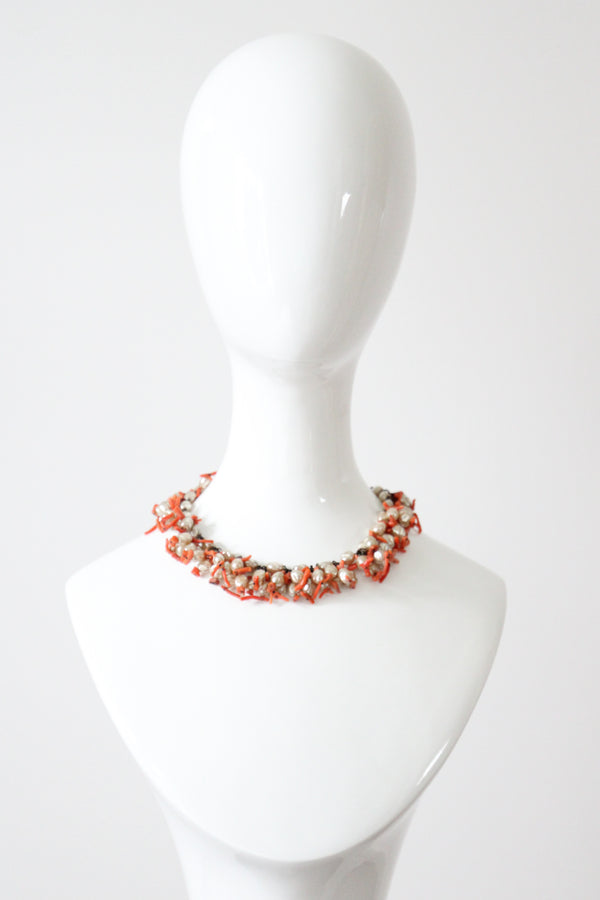 "Coral Branches & Pearls" Vintage 1950's Coral Branch & Pearl Necklace