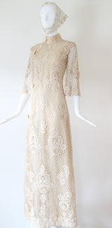 "Cream Floral Lace" Vintage 1960's Cream Floral Lace Dress & Matching Bandana UK 8-10 US 4-6