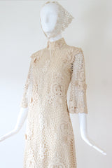 "Cream Floral Lace" Vintage 1960's Cream Floral Lace Dress & Matching Bandana UK 8-10 US 4-6