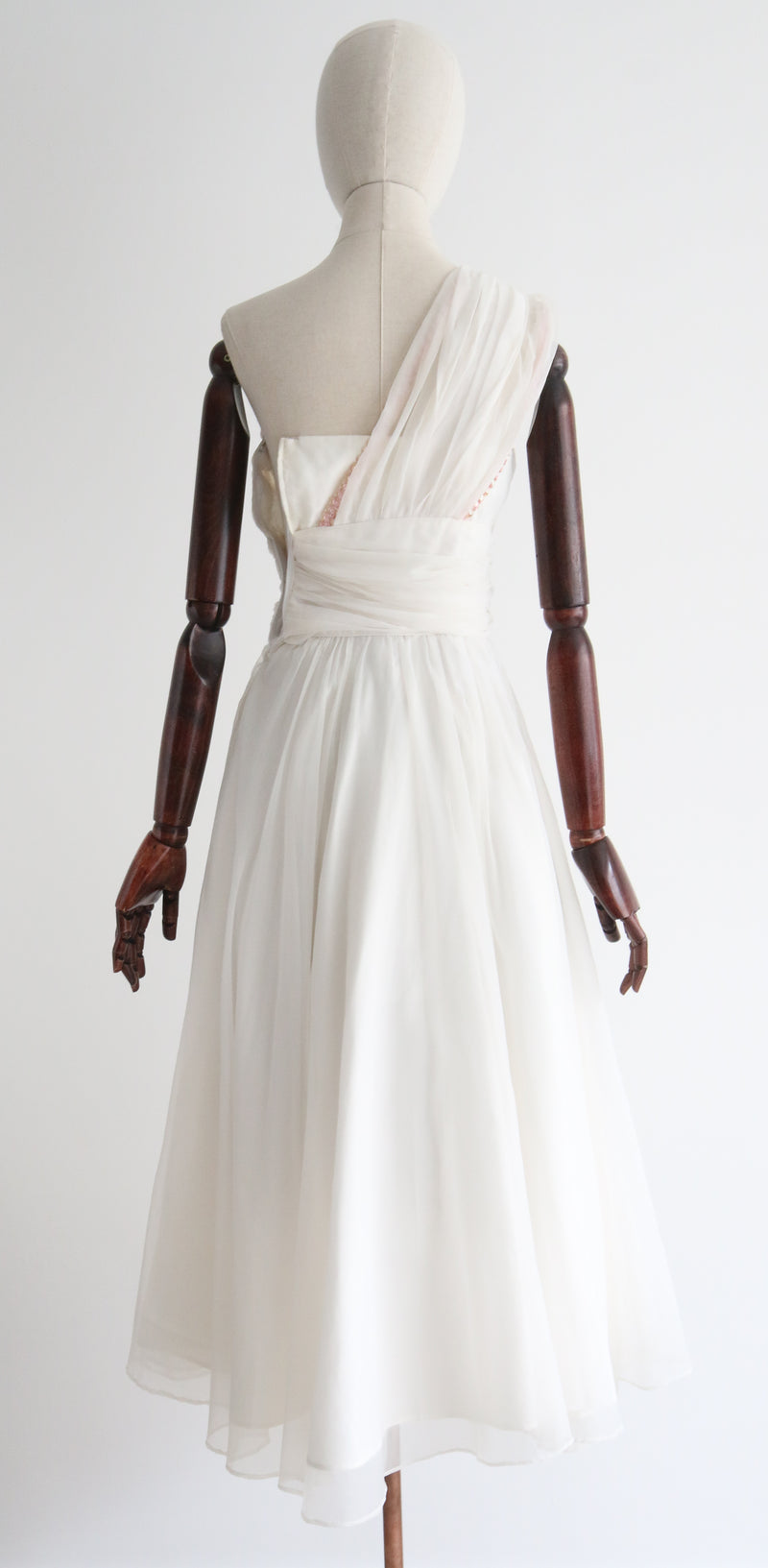 "Pink Sequins & Pleats" Vintage 1950's Ivory & Pink Pleated Dress  UK 4-6 US 0-2