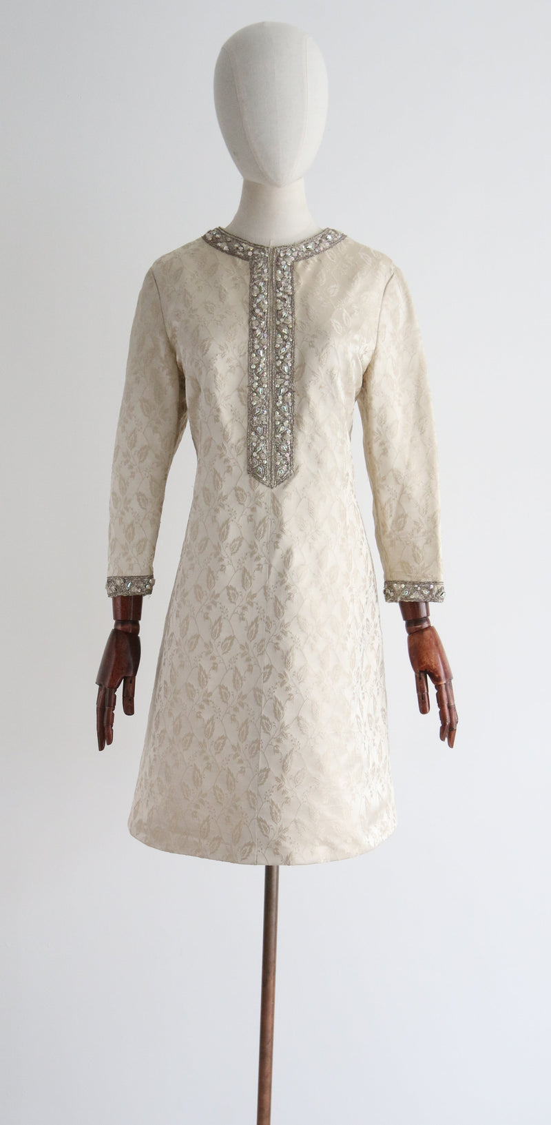 "Trailing Vines & Rhinestones" Vintage 1960's Silk Brocade Embellished Dress UK 12-14 US 8-10