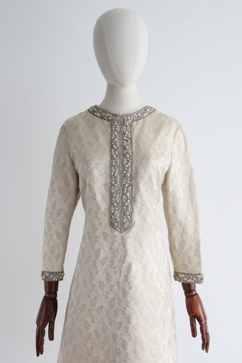"Trailing Vines & Rhinestones" Vintage 1960's Silk Brocade Embellished Dress UK 12-14 US 8-10