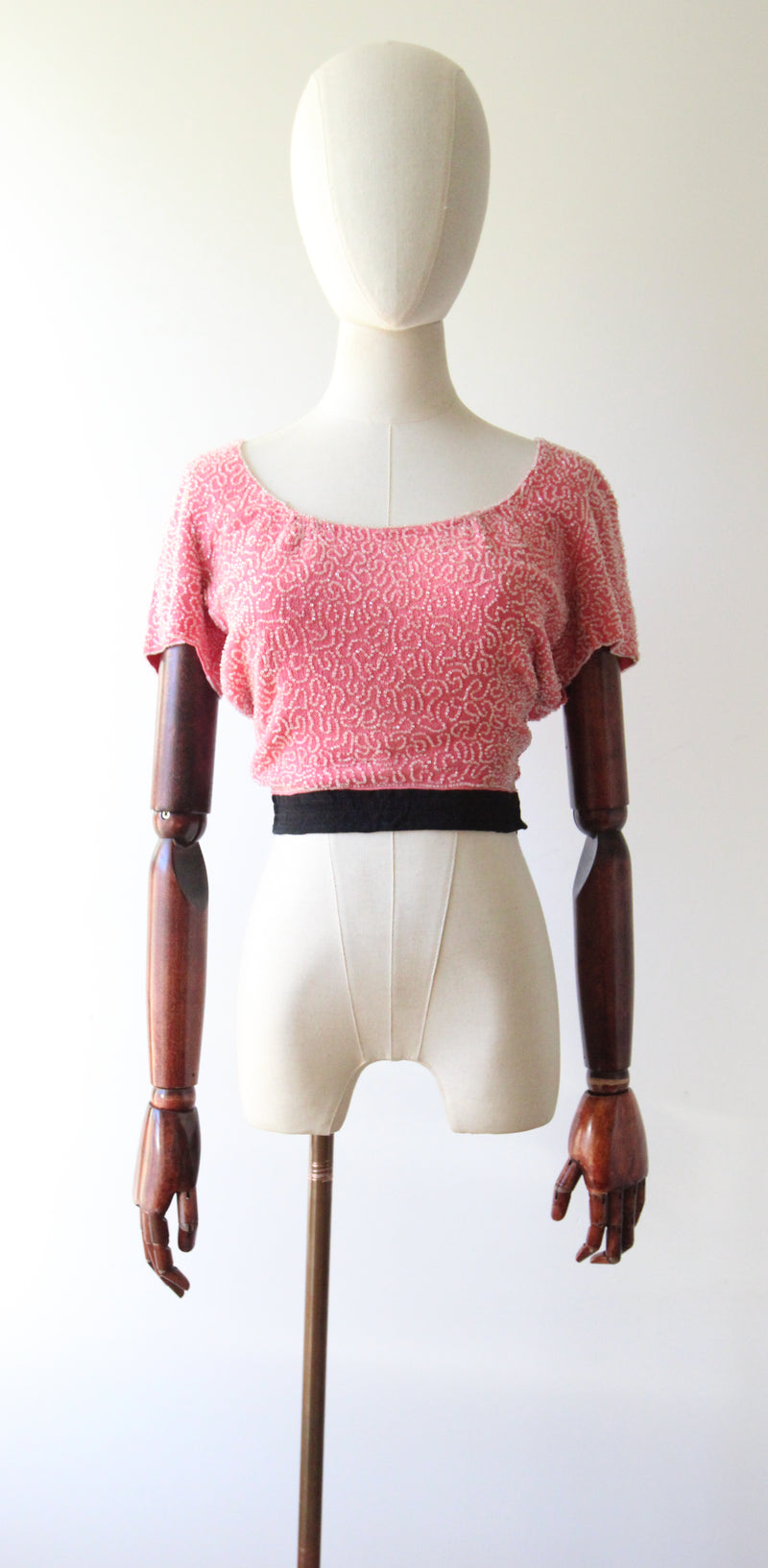 "French Rose Beadwork" Vintage 1930's French Rose Pink Silk & Beaded Blouse UK 6 US 2