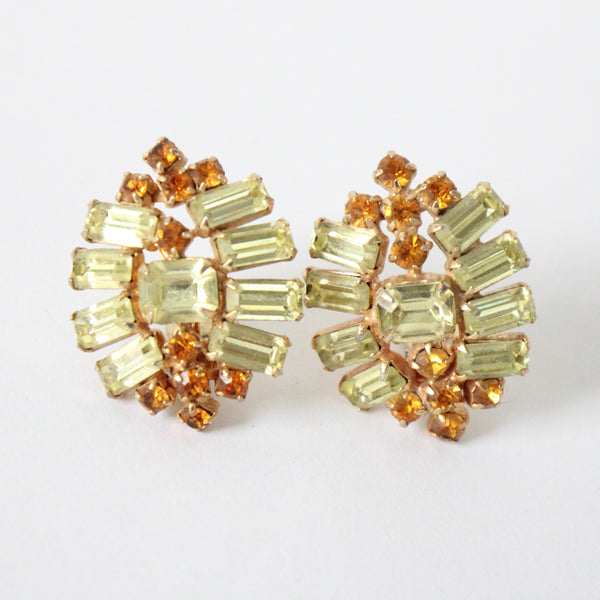 "Chartreuse & Sunset" Vintage 1950's Statement Chartreuse & Orange Rhinestone Clip on Earrings