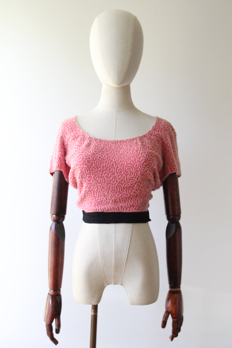 "French Rose Beadwork" Vintage 1930's French Rose Pink Silk & Beaded Blouse UK 6 US 2