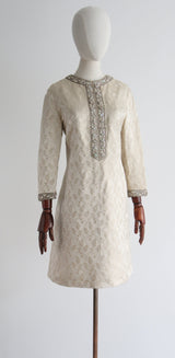 "Trailing Vines & Rhinestones" Vintage 1960's Silk Brocade Embellished Dress UK 12-14 US 8-10