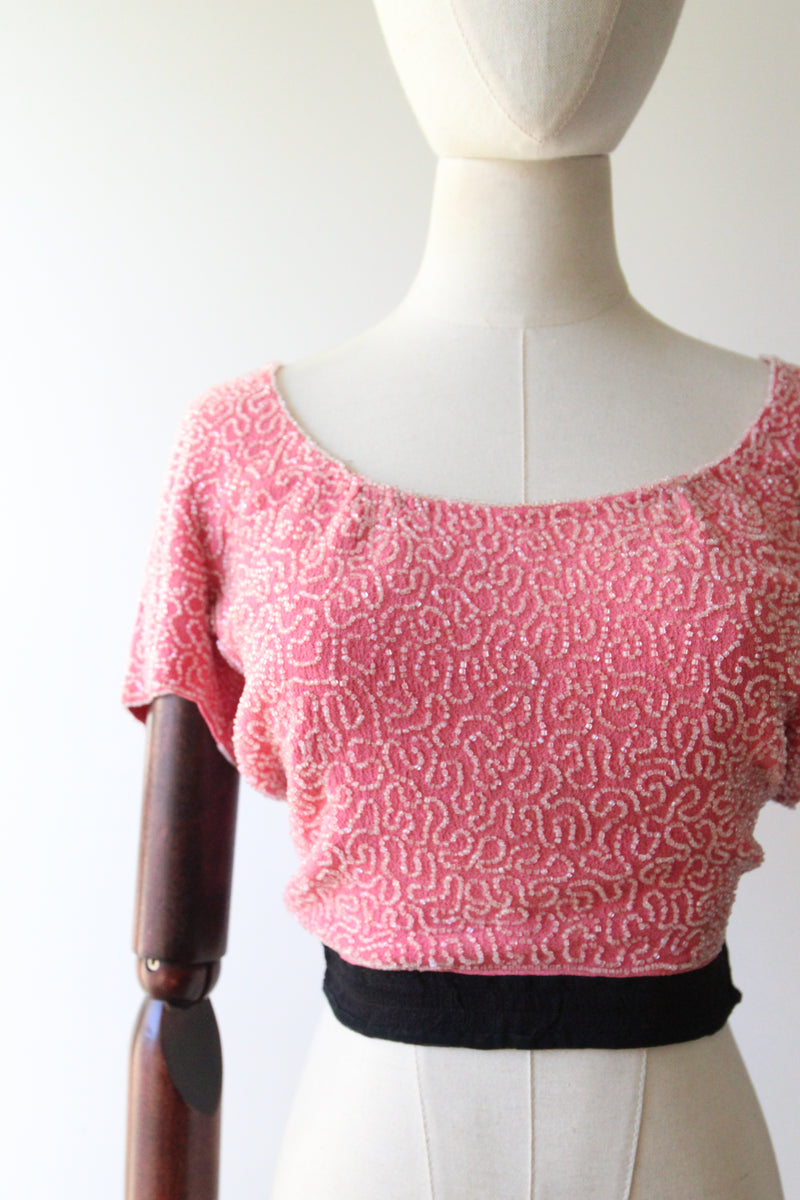 "French Rose Beadwork" Vintage 1930's French Rose Pink Silk & Beaded Blouse UK 6 US 2