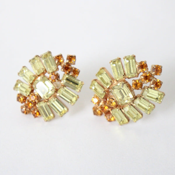 "Chartreuse & Sunset" Vintage 1950's Statement Chartreuse & Orange Rhinestone Clip on Earrings