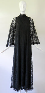 "Black Lace Angel Sleeves" Vintage 1960's Black Lace Angel Sleeve Gown UK 10 US 6