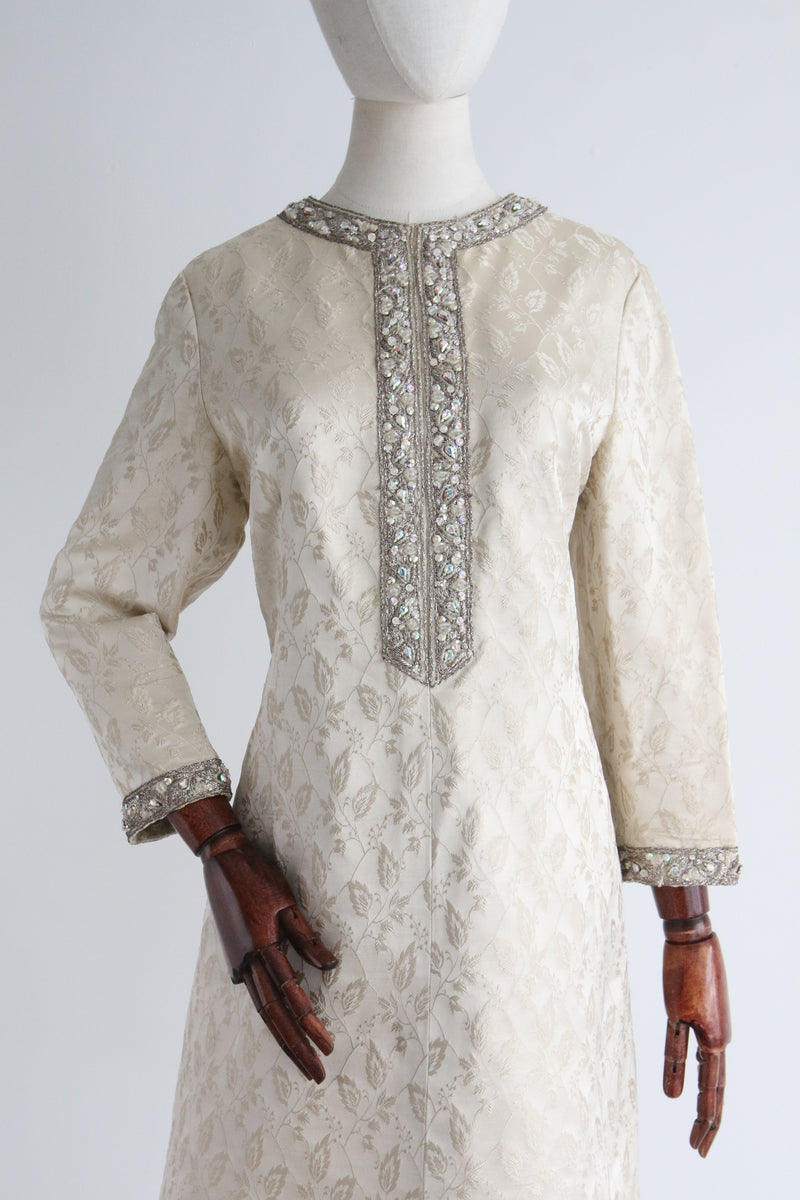 "Trailing Vines & Rhinestones" Vintage 1960's Silk Brocade Embellished Dress UK 12-14 US 8-10