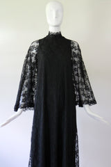 "Black Lace Angel Sleeves" Vintage 1960's Black Lace Angel Sleeve Gown UK 10 US 6