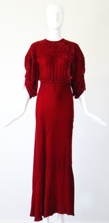 "Crimson Velvet Moons" Vintage 1930's Crimson Silk Velvet Evening Gown UK 8 US 4