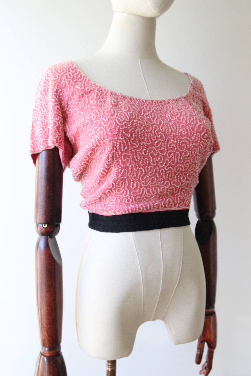 "French Rose Beadwork" Vintage 1930's French Rose Pink Silk & Beaded Blouse UK 6 US 2