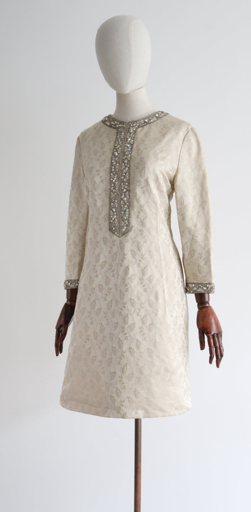 "Trailing Vines & Rhinestones" Vintage 1960's Silk Brocade Embellished Dress UK 12-14 US 8-10