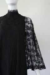 "Black Lace Angel Sleeves" Vintage 1960's Black Lace Angel Sleeve Gown UK 10 US 6