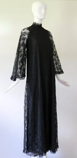 "Black Lace Angel Sleeves" Vintage 1960's Black Lace Angel Sleeve Gown UK 10 US 6