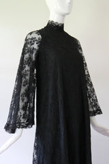 "Black Lace Angel Sleeves" Vintage 1960's Black Lace Angel Sleeve Gown UK 10 US 6