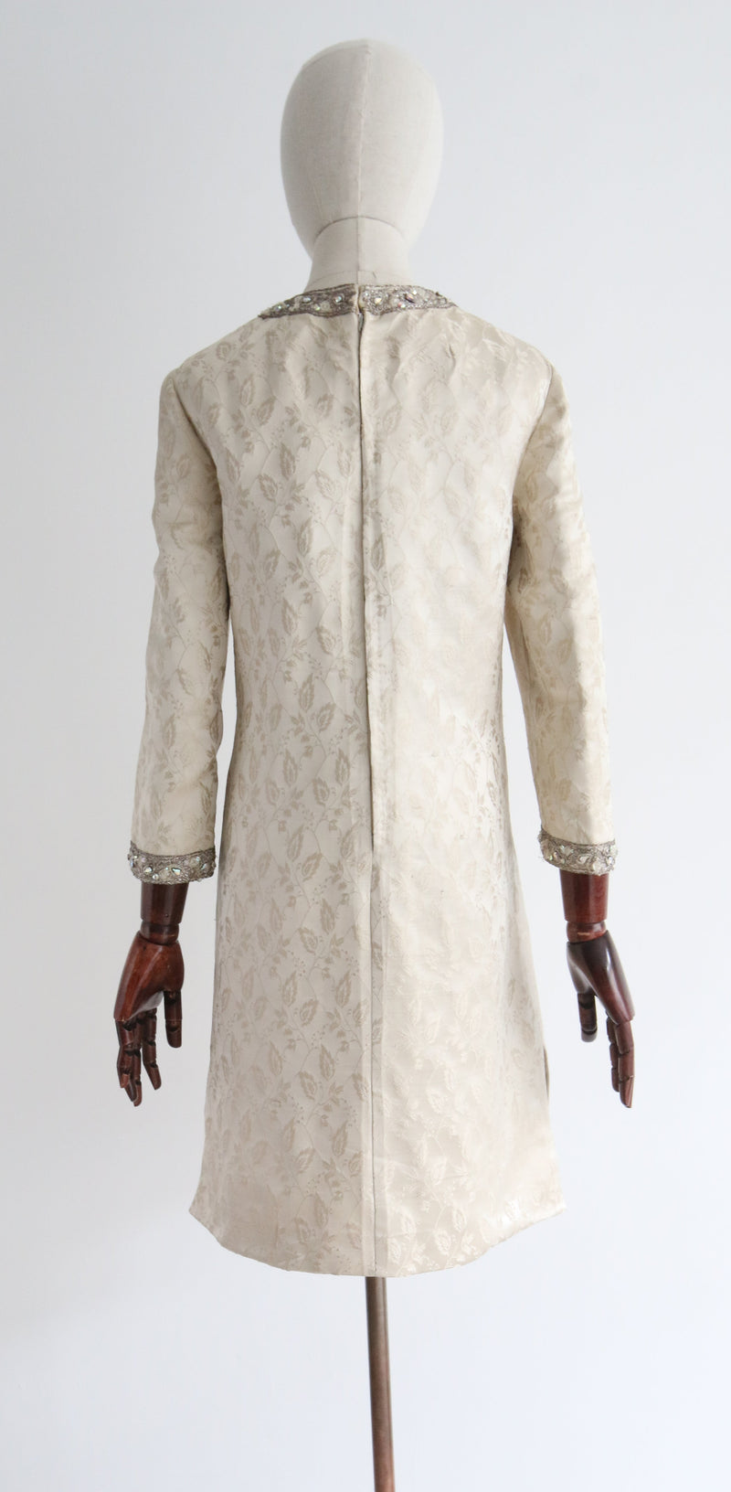 "Trailing Vines & Rhinestones" Vintage 1960's Silk Brocade Embellished Dress UK 12-14 US 8-10