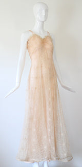 "Embroidered Florals" Vintage 1930's Peach Embroidered Lace Gown UK 10 US 6