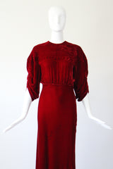 "Crimson Velvet Moons" Vintage 1930's Crimson Silk Velvet Evening Gown UK 8 US 4