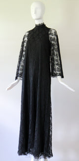 "Black Lace Angel Sleeves" Vintage 1960's Black Lace Angel Sleeve Gown UK 10 US 6