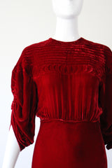 "Crimson Velvet Moons" Vintage 1930's Crimson Silk Velvet Evening Gown UK 8 US 4