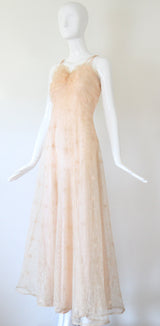 "Embroidered Florals" Vintage 1930's Peach Embroidered Lace Gown UK 10 US 6