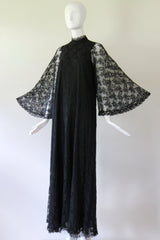 "Black Lace Angel Sleeves" Vintage 1960's Black Lace Angel Sleeve Gown UK 10 US 6