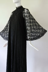 "Black Lace Angel Sleeves" Vintage 1960's Black Lace Angel Sleeve Gown UK 10 US 6