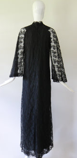 "Black Lace Angel Sleeves" Vintage 1960's Black Lace Angel Sleeve Gown UK 10 US 6