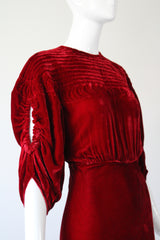 "Crimson Velvet Moons" Vintage 1930's Crimson Silk Velvet Evening Gown UK 8 US 4