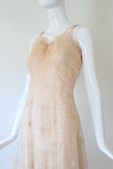 "Embroidered Florals" Vintage 1930's Peach Embroidered Lace Gown UK 10 US 6