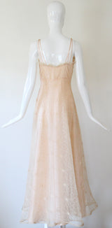 "Embroidered Florals" Vintage 1930's Peach Embroidered Lace Gown UK 10 US 6
