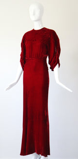 "Crimson Velvet Moons" Vintage 1930's Crimson Silk Velvet Evening Gown UK 8 US 4