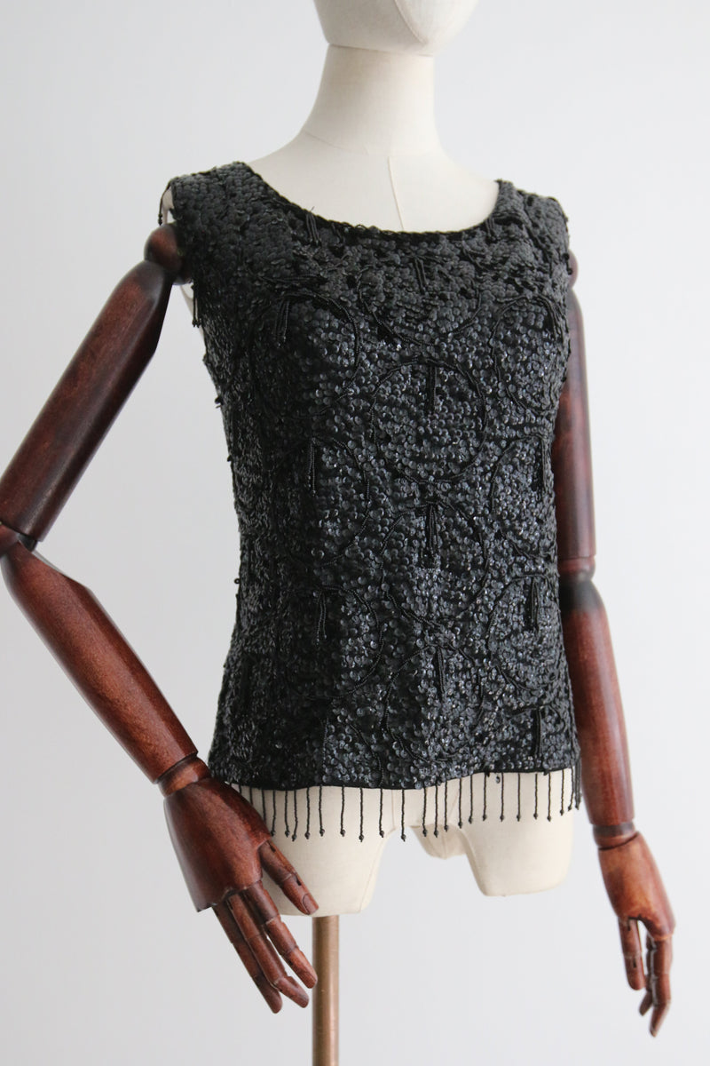 "Beaded Tassels & Sequins" Vintage 1960's Wool Embellished Blouse UK 12-14 US 8-10