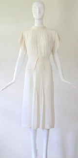 "Cream Pleats" Vintage 1940's Cream Crepe Silk Pleated Dress UK 10 US 6