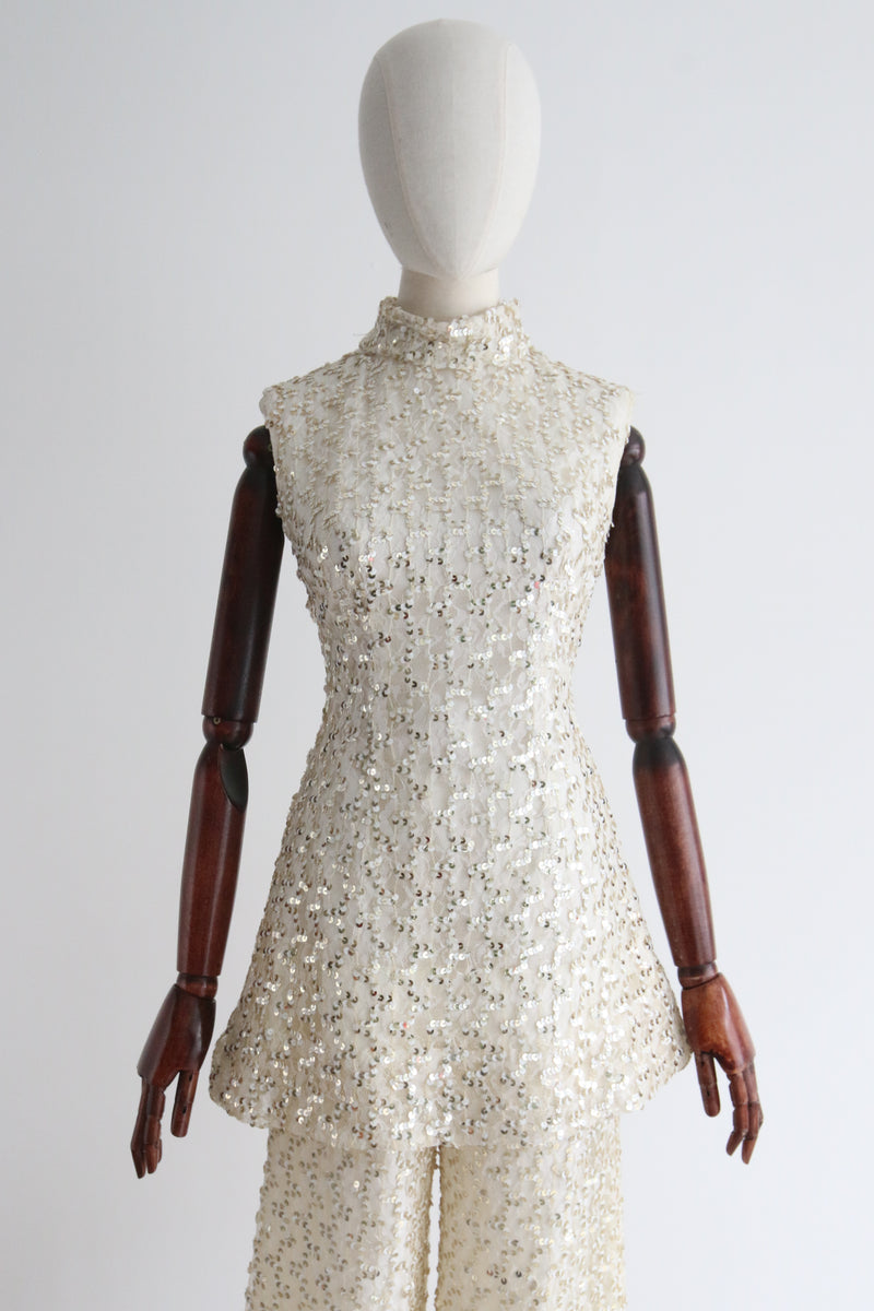 "Trailing Gold & White Sequins" Vintage 1960's Lace & Sequin Tunic & Trouser Set UK 8 US 4