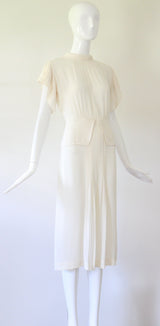 "Cream Pleats" Vintage 1940's Cream Crepe Silk Pleated Dress UK 10 US 6