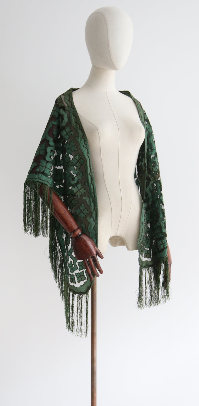"Antique Florals" Antique Moss Green Floral Silk & Tulle Fringed Shawl