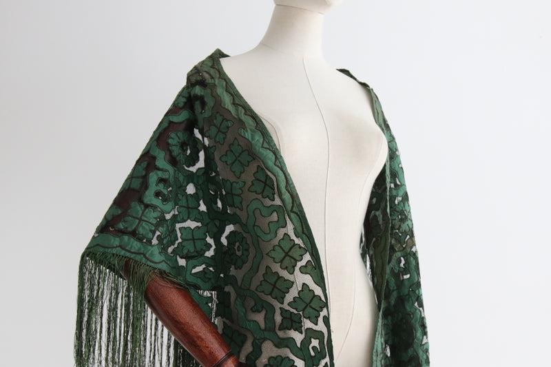 "Antique Florals" Antique Moss Green Floral Silk & Tulle Fringed Shawl