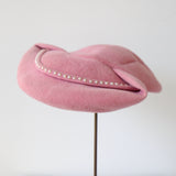 "Candy Pink Felt" Vintage 1940's Pink Felt & Pearl Tilt Percher Hat