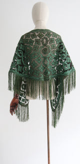 "Antique Florals" Antique Moss Green Floral Silk & Tulle Fringed Shawl
