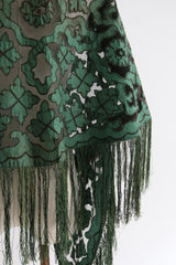 "Antique Florals" Antique Moss Green Floral Silk & Tulle Fringed Shawl