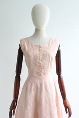 "Pink Floral Linen Embroidery" Vintage 1950's Pink Linen Floral Embroidered Dress UK 6 US 4